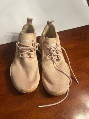 adidas Beige Knit Running Sneakers with Trefoil Accent